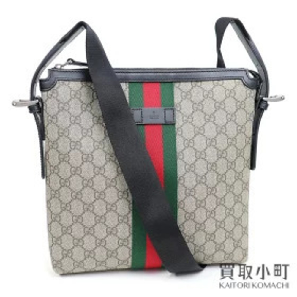 Gucci GG Supreme Messenger Bag Beige Black Sherry Web Crossbody KHNGN